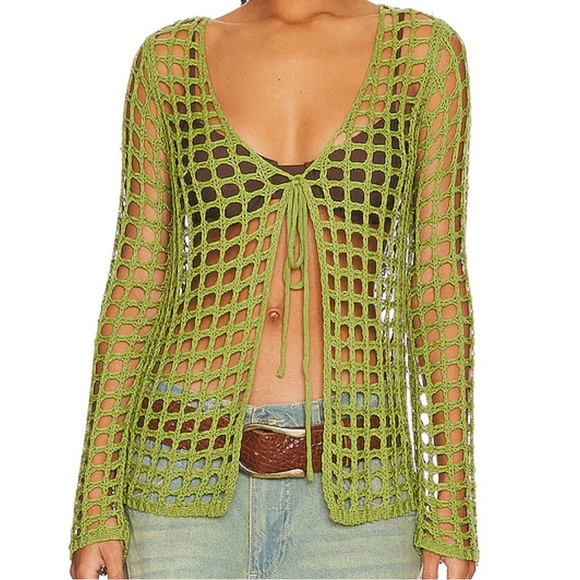 More to Come Malya Tie Cardigan Green Crochet Size XS - Picture 1 of 5
